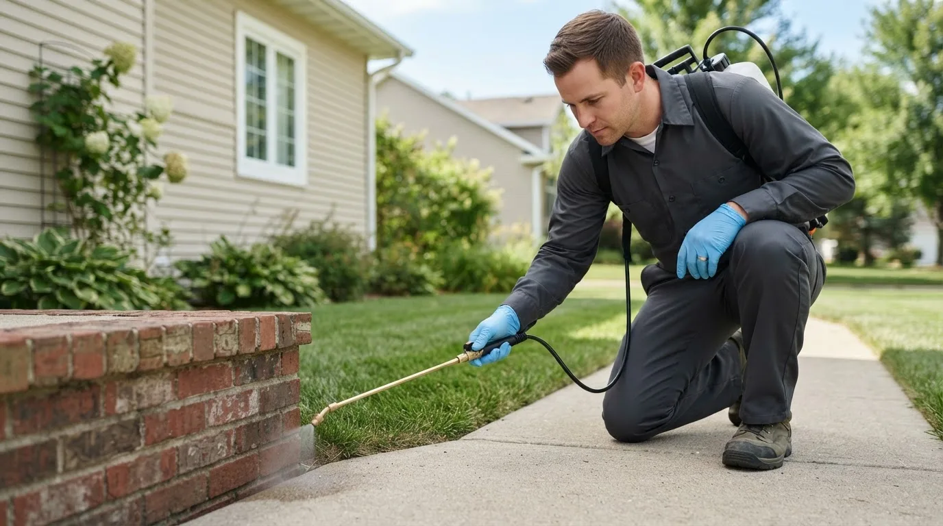 Pest control technician treating a home near College, AK